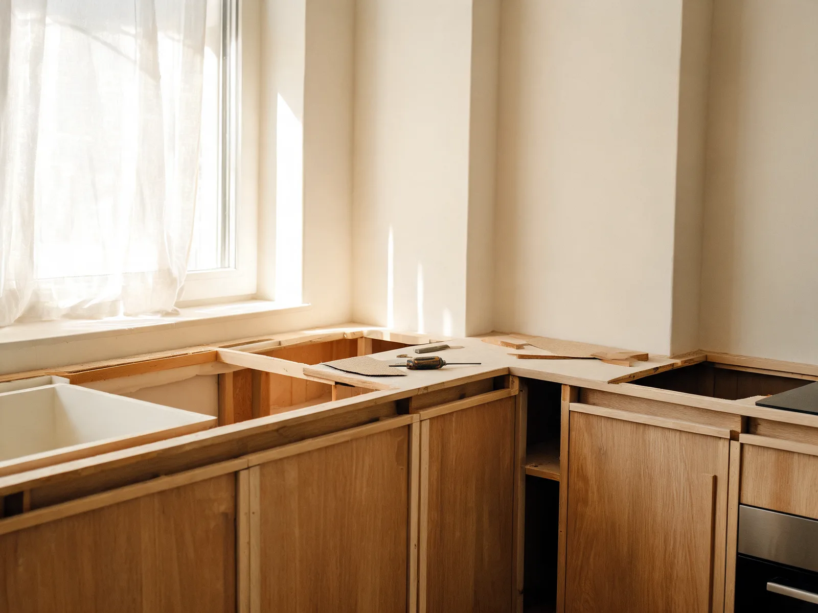Detalje af køkkenrenovering med nye fliser og bordplade i Køge